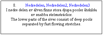 Textruta: 8.&nbsp;&nbsp;&nbsp;&nbsp;&nbsp;&nbsp;&nbsp;&nbsp;&nbsp; Nedredelen, Nedredelen2, Nedredelen3
I nedre delen av �lven finns stora djupa pooler �tskilda av snabba str�mstr�ckor.
The lower parts of the river consist of deep pools separated by fast flowing stretches.
&nbsp;
